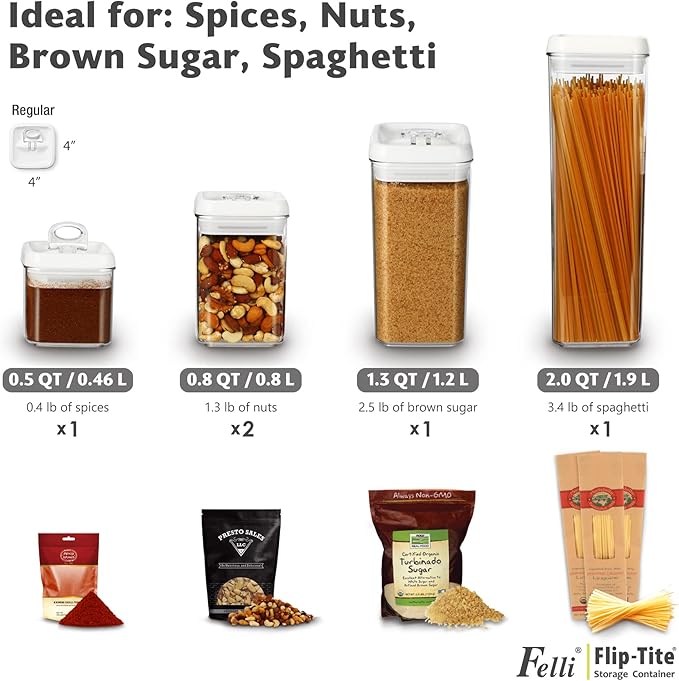 Felli Flip Tite Storage Container with Lid 4" Airtight Ring Seal Top, Stackable Acrylic Canister Jar Set for Kitchen Pantry Organizer, Food Spice Pasta Cereal Snack, Gifts for Women (5pk, Variety)-Ruum Studio Home