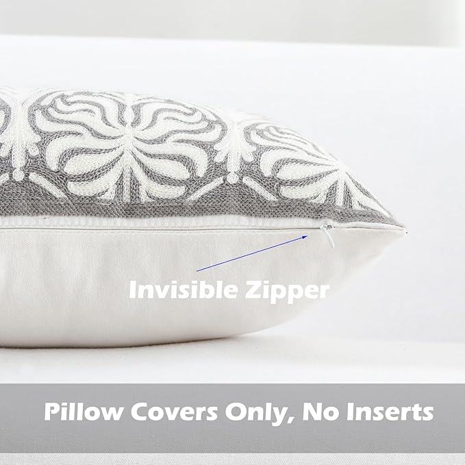 HWY 50 Grey Gray Decorative Lumbar Pillow Cover Rectangle 12x20 Inch (1 Piece), Embroidered Cotton Farmhouse Cushion Cover Pillow Case for Sofa Couch Living Room Bed, Minimalist Floral-Ruum Studio Home