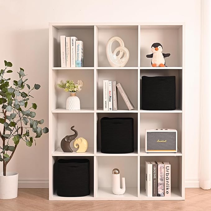 11 Inch Cube Storage Bins, Storage Cube Organizer Bins, Woven Cotton Rope Basket for Storage, Storage Baskets for Organizing Shelves, Square Baskets for Toys, Black (Pack of 3)-Ruum Studio Home