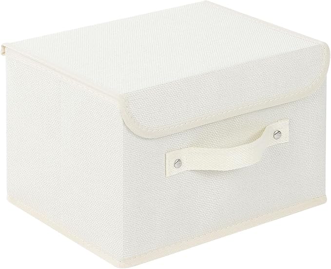 Storage Boxes, Collapsible Storage Bins with Lids, Cotton and linen cloth Storage Baskets with Handle, for Books, Closet, Bedroom, Home, 10.2x7.9x6.7 in, Beige-Ruum Studio Home