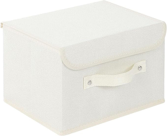 Storage Boxes, Collapsible Storage Bins with Lids, Cotton and linen cloth Storage Baskets with Handle, for Books, Closet, Bedroom, Home, 10.2x7.9x6.7 in, Beige-Ruum Studio Home