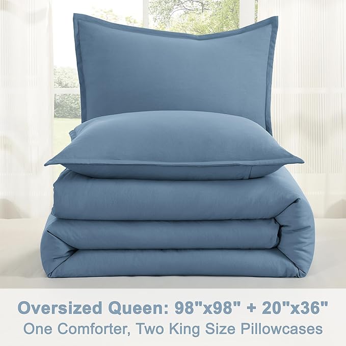Litanika Comforters Grayish Blue Oversized Queen Size, 3 Pieces Lightweight Solid Bedding Comforter Set, All Season Fluffy Bed Set (98x98In Comforter & 2 Pillowcases)-Ruum Studio Home
