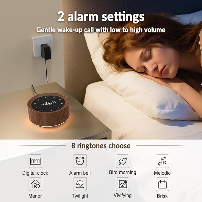 White Noise Sound Machine Alarm Clock 7 Color Night Light Sound Machine for Adult/Baby 20 Soothing Sound 31 Level Volume 6 Level Screen Brightness 5 Timer Set Memory Function Touch Control Wood Grain-Ruum Studio Home