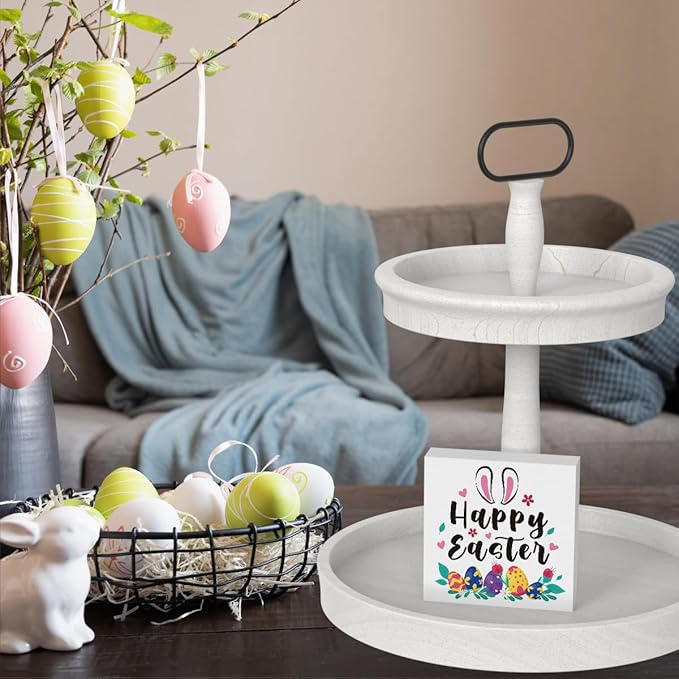 Rustic Farmhouse Bunny Easter Decorations Country Home Office Desk Decor Happy Easter Sign Cubicle Shelf Tabletop Tiered Tray Decor Gifts for Women 5 X 5 Inch-Ruum Studio Home
