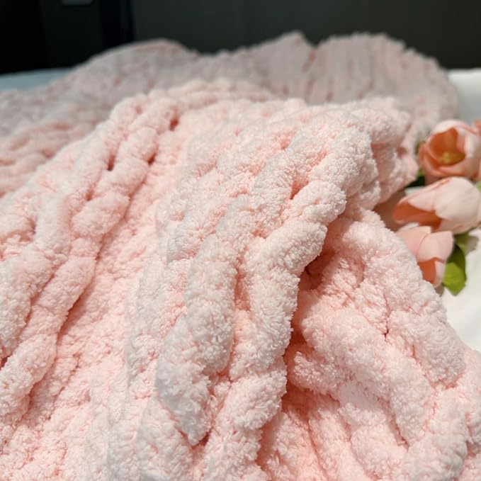 Chunky Knit Blanket Throw 40"×40", Chenille Throw Blankets, Handmade Warm & Cozy Blanket Couch Bed Home Decor, Soft Breathable Fleece Banket, Christmas for Couch Bed Sofa Best Gift (Pink)-Ruum Studio Home