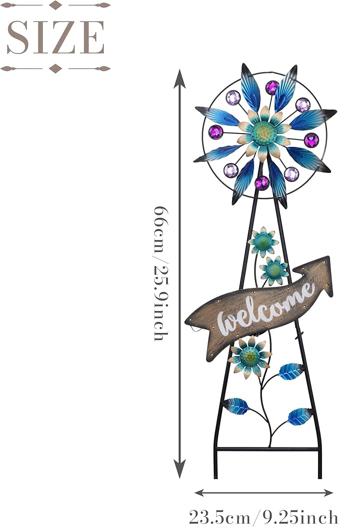 TERESA'S COLLECTIONS Peacock Garden Decor Solar Stake, Wind Spinner for Outdoor Decorations, Metal Windmill Blue Floral Yard Art Sign Decorative Garden Stake for Lawn Ornaments, Gifts for Mom, 26''-Ruum Studio Home