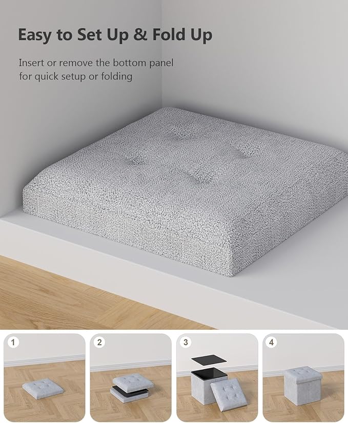 15 Inches Small Folding Storage Ottoman Cube, Storage Footrest, Foot Rest Stool, for Living Room, Bedroom, Dorm, Hallway, Entryway, Light Gray-Ruum Studio Home