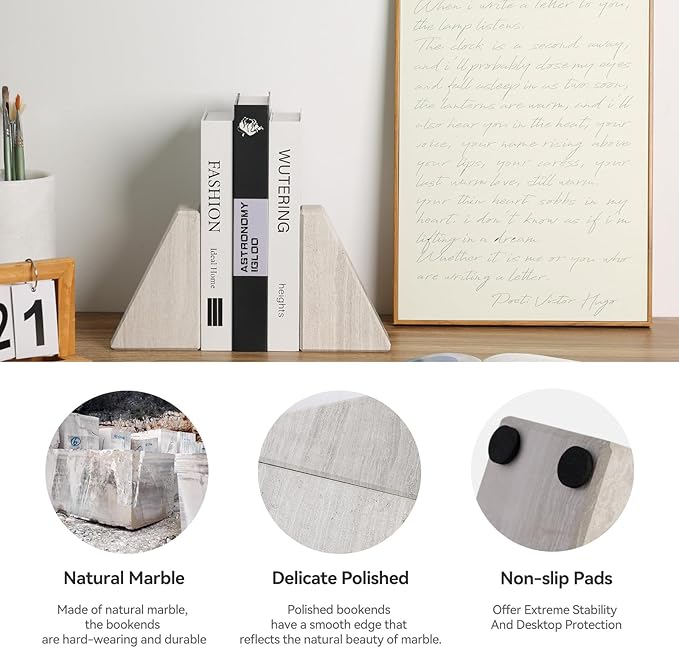 Marble Book Ends for Heavy Books, Decorative Bookends for Shelves, Durable and Heavy-Duty Bookends for Hardback Book & CDS, Off-White Unique Books Stopper & Holder, Set of 2-Ruum Studio Home