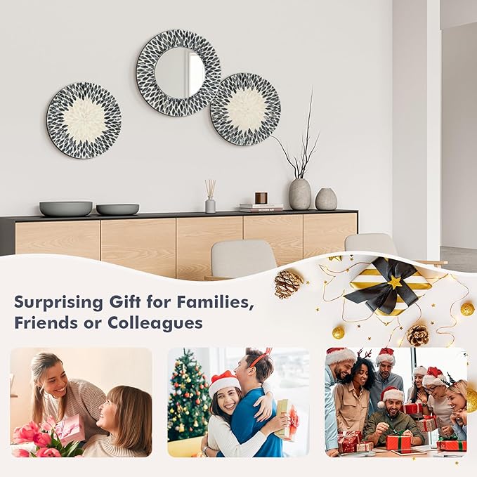 Natural Mother of Pearl Mirror Wall Decor for Bedroom Bathroom, 3PCS Geometric Wall Art Modern Home Office, Handmade Mosaic Art Circle Sculptures for Kitchen Living Dining Room (Black White)-Ruum Studio Home