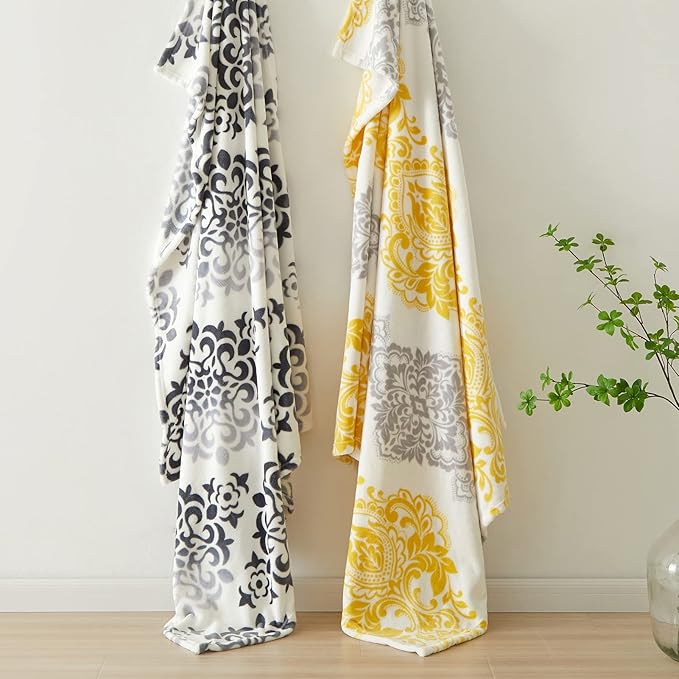 CASAAGUSTO Boho Throw Blanket - Yellow and Gray Damask Decorative Blankets with Tassel, Printed Flannel Bohemian Blanket for Chair, Bed, Sofa, Couch(50 * 60, Yellow and Gray Damask)-Ruum Studio Home