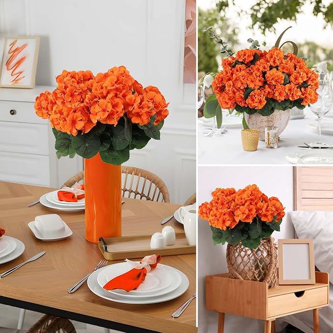 Hananona 12 Pcs Artificial Geranium Flowers for Outdoors Orange Silk Geranium Flowers Outdoor UV Resistant Plants Faux Fall Flower for Home Kitchen Autumn Table Centerpieces Decor (12, Orange)-Ruum Studio Home