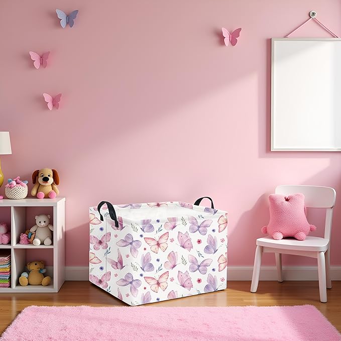 HIYAGON Rectangular Pink Basket for Girls Kids Baby Storage Basket Toy Storage Bin Organizer Box Room Decor(Watercolor Butterfly)-Ruum Studio Home