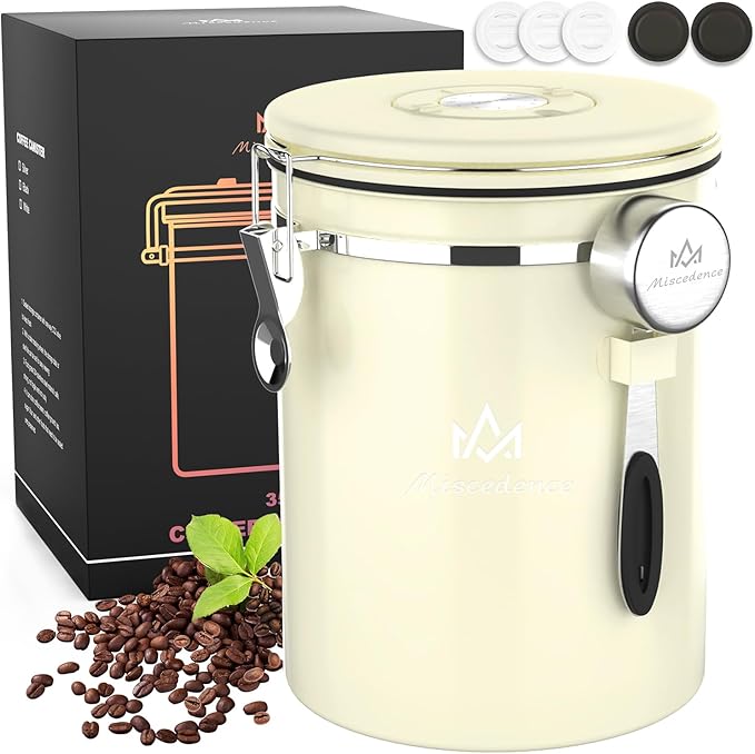 35OZ Coffee Canister for ground coffee with Date Tracker,beige 304 Stainless Steel Kitchen Food Airtight storage container for Coffee Beans or Grounds, Tea, Sugar-Ruum Studio Home