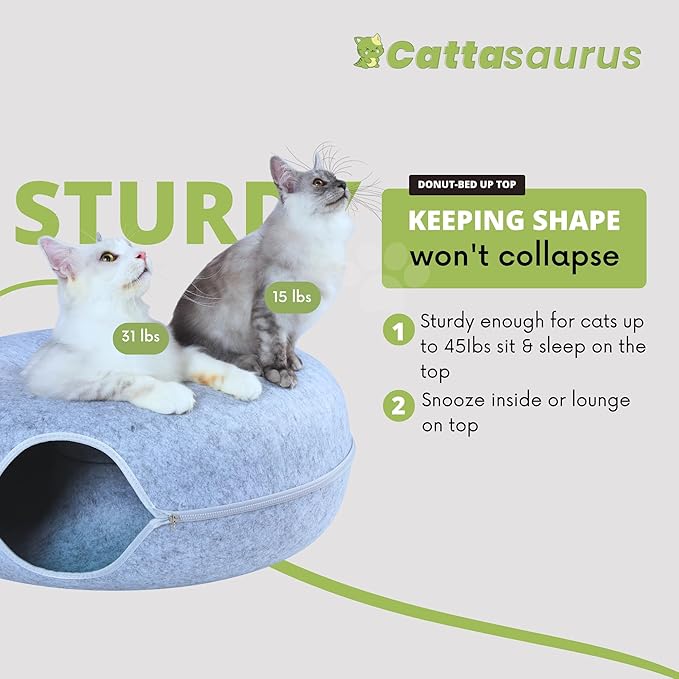 Cattasaurus Peekaboo Cat Cave, Extra Spacious for Multiple & Large Cats 12+ lbs, Scratch Detachable Beds for Indoor Cats, Washable Tunnel Bed, Comfy Cat Donut Tunnel (Light Gray+Light Gray, Jumbo)-Ruum Studio Home