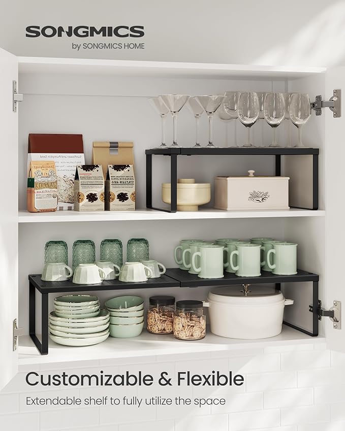 SONGMICS Spice Racks, Set of 2 Expandable Kitchen Countertop Shelves, Small Cupboard Organizers, Metal, Space-Saving Tabletop Shelves, Matte Black UKCS402B01-Ruum Studio Home