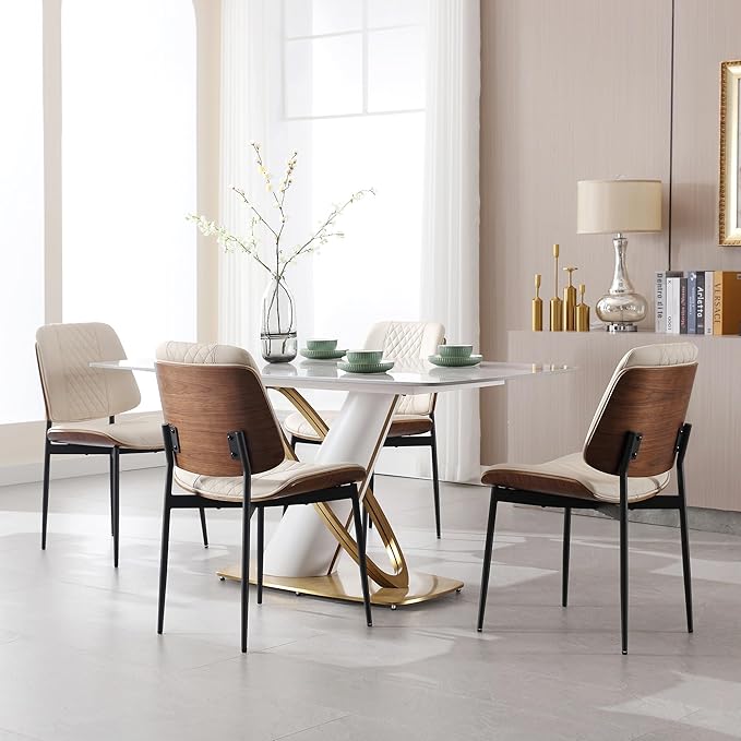 BV Dining Chairs Set of 4, PU Leather Armless Kitchen Chair in Modern Walnut Style, Mid Century Bentwood Side Chair with Metal Legs, Retro Accent Guest Chair for Kitchen Dining Room(Beige)-Ruum Studio Home