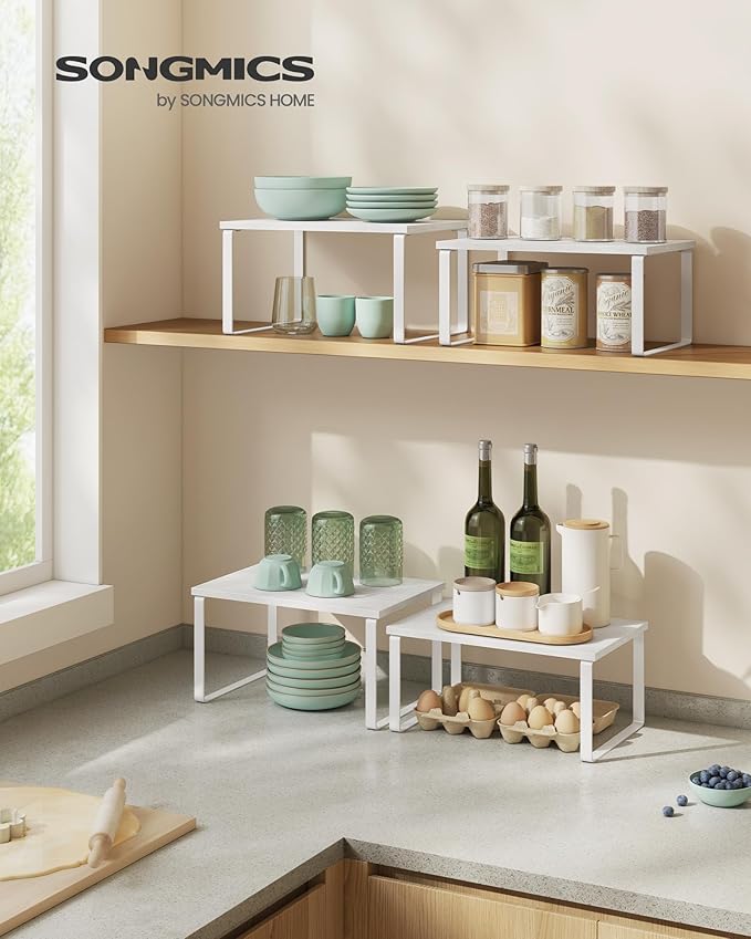 SONGMICS Cabinet Organizer Shelf, Set of 2 Kitchen Counter Shelves, Kitchen Storage, Spice Rack, Stackable, Expandable, Metal and Engineered Wood, Cloud White and Snow White UKCS02W01-Ruum Studio Home