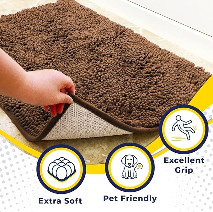 Muddy Mat® 4-Piece Brown Medium 30"X19" AS-SEEN-ON-TV Highly Absorbent Microfiber Door Mat, Bath Mat and Pet Rug, Non Slip Thick Washable Soft Chenille for Kitchen Bathroom Bedroom Indoor and Outdoor-Ruum Studio Home