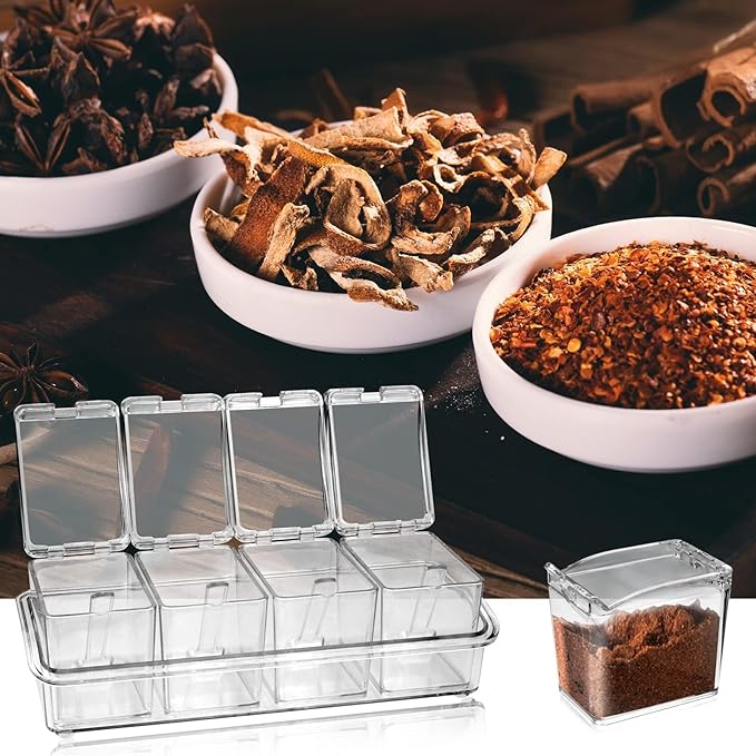 4-Cell Clear Seasoning Rack Spice Box, Storage Container Condiment Jars Acrylic Seasoning Box with Cover and Spoon (Basic Clear)-Ruum Studio Home