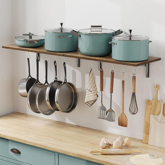 OROPY 2 Pack Wooden 23.6'' Pot Pan Hanging Rack Wall Mounted with 10 S Hooks, Set of 2 Large Pot Wall Holder Kitchen Shelves for Utensils, Cookware-Ruum Studio Home