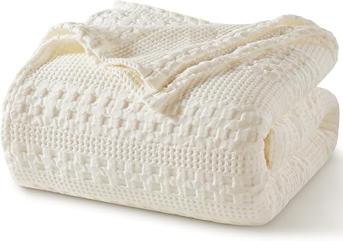 PHF 100% Cotton Waffle Weave Blanket King Size, Soft Lightweight Breathable Cozy Summer Blankets for Bed, Luxury Aesthetic Woven Bedding for Home Decor, 108"x90", Ivory-Ruum Studio Home