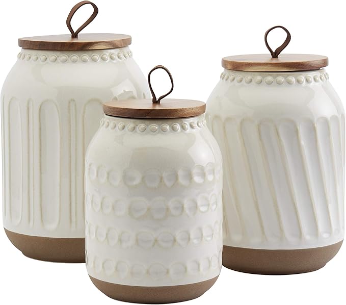 TTU Tabletops Gallery Ceramic Canister Collection- Stoneware Designed Kitchen Storage Embossed Acacia Wood White Set, 3 Piece Embossed Ziggy White Canister Set-Ruum Studio Home