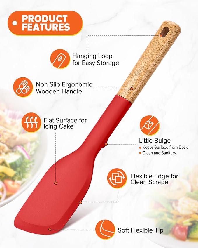 Cooking Spoon and Scraper for Nonstick Cookwares, Great for Cooking and Serving Durable BPA-Free Matte Silicone, Wood Handle Multifunction Spoon for Mixing, Scoop, and Scrape (RED)-Ruum Studio Home