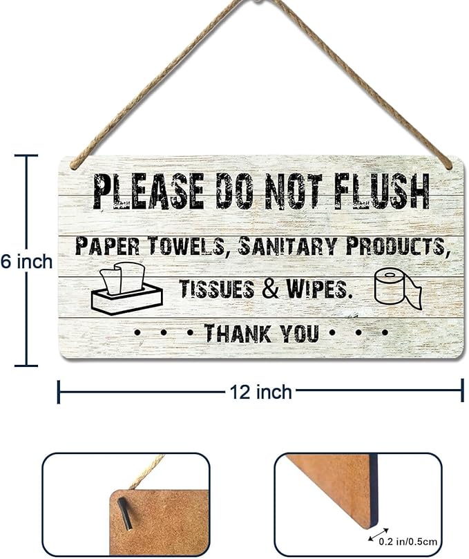 Do Not Flush Sign for Bathroom Toilet Signs Please Do Not Flush Paper Towels, Sanitary Products, Tissues & Wipes Vintage Bathroom Wooden Signs for Home Decor Funny Toilet Restroom Sign 12x6 Inch-Ruum Studio Home