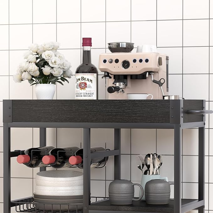 Bar Cart with Basket 3 Tiers Home Rolling Wine Rack with Wheels Mobile Kitchen Industrial Vintage Style Wood Metal Serving Trolley Serving Cart,Black Frame Home Kitchen Shelf for Party-Ruum Studio Home