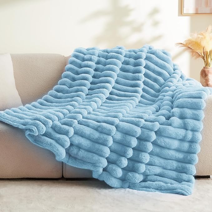 BEDELITE Faux Rabbit Fur Blanket, Luxurious 3D Striped Spring Blanket for Decor & Gift, Soft and Warm Plush Fluffy Faux Fur Throw Blanket All Seasons Suitable, (Light Blue, 60"x 80")-Ruum Studio Home