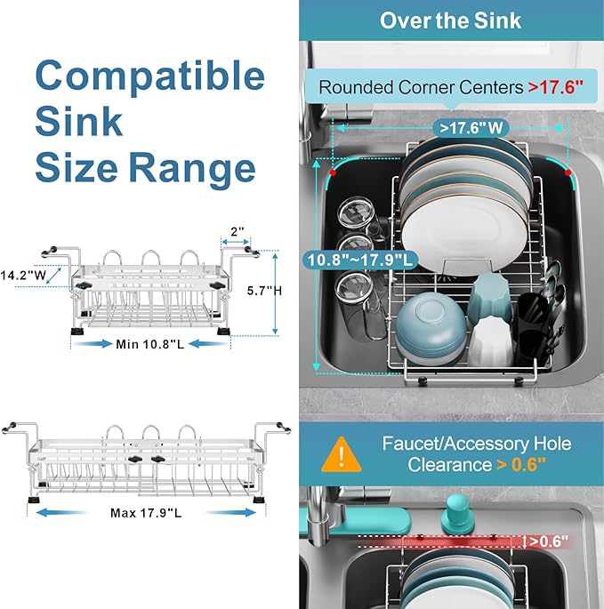 GSlife Expandable in Sink Dish Drying Rack - Capacity Adjustable Stainless Steel Over The Sink Dish Drainer with 2 Cup Holder and Utensil Holder for Kitchen Sink, 10.8"~17.9" L x 14.2" W, Silver-Ruum Studio Home