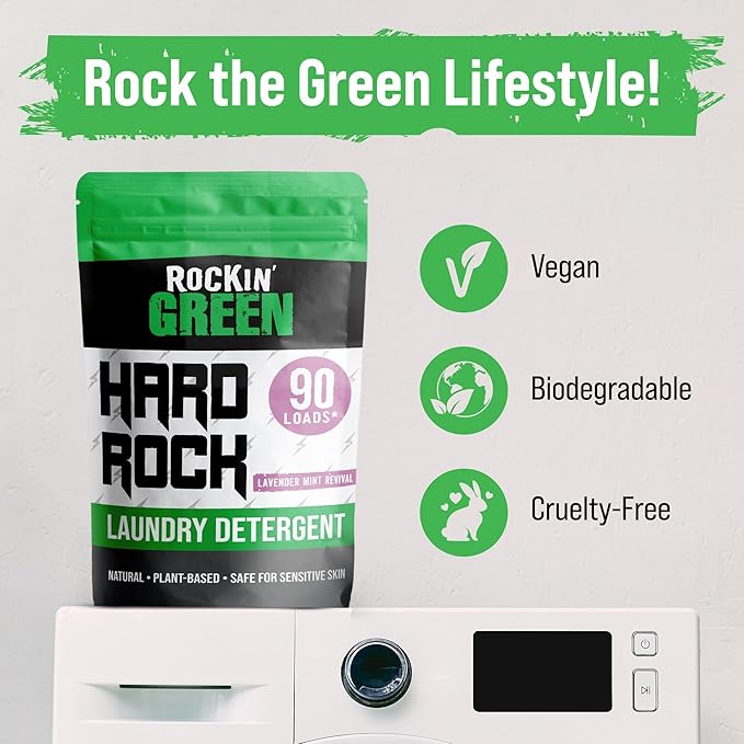 Rockin' Green Hard Rock Laundry Detergent for Hard Water (90 Loads), Plant based, Natural Laundry Detergent Powder, Biodegradable Odor Fighter, Safe for Sensitive Skin, 45 oz (Lavender Mint Revival)-Ruum Studio Home