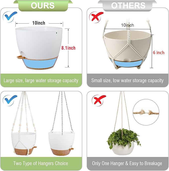 10 inch Self Watering Hanging Planters, 2 Pack Hanging Baskets for Indoor Outdoor Plants, Hanging Flower Pots with Drainage Holes & 2 Kinds of Plant Hangers for Garden Home Décor, White Brown-Ruum Studio Home