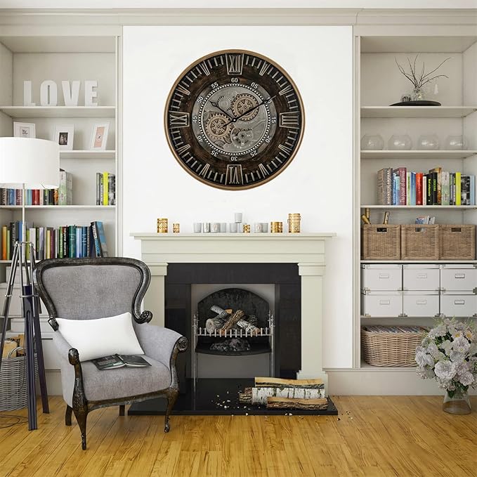 CLXEAST 24 Inch Large Moving Gear Wall Clock for Farmhouse Living Room Decor,Vintage Industrial Bronze Gold Metal Wall Clock for Home Office,House Warming Gifts New Home-Ruum Studio Home
