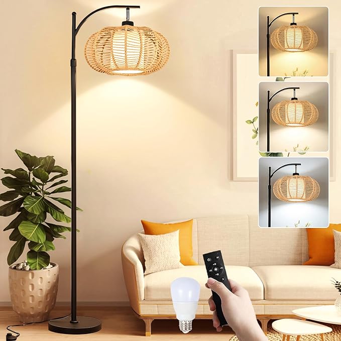 Arc Floor Lamps for Living Room Bedroom Rattan Boho Floor Lamp with Remote Control,Dimmable Led Standing Lamp Wicker Lamp Shade Rustic Tall Floor Lamp Modern Flower Lamp for Bedroom Corner-Ruum Studio Home