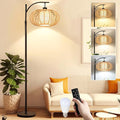 Arc Floor Lamps for Living Room Bedroom Rattan Boho Floor Lamp with Remote Control,Dimmable Led Standing Lamp Wicker Lamp Shade Rustic Tall Floor Lamp Modern Flower Lamp for Bedroom Corner-Ruum Studio Home