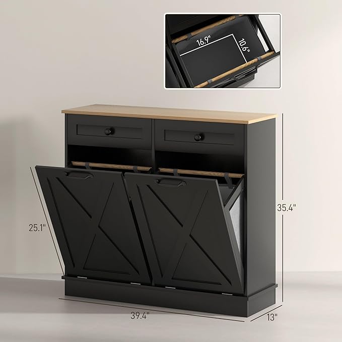 HOMCOM Tilt Out Laundry Hamper Cabinet with 2 Removable Baskets, Freestanding Bathroom Storage Cabinet with 2 Drawers, Trash Can Cabinet for Living Room, Laundry Room, Black-Ruum Studio Home