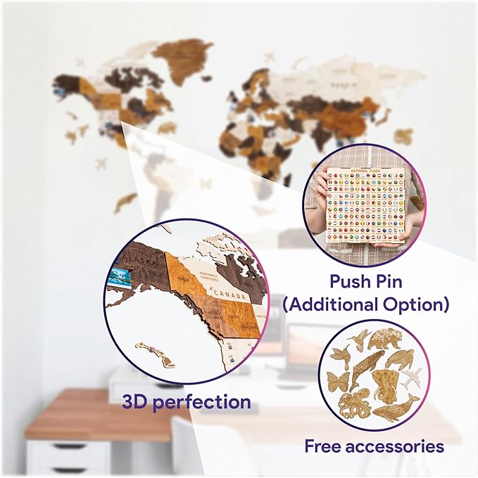 HYPERI Multilayered 3D Wooden World Map Wall Decor, Wood Art Wall Decor, Mapa Mundi Para Pared, World Maps and Push Pins, Valentine's Day Gifts For Dad, Mom, Boss, Husband, Wife (XX-Large)-Ruum Studio Home