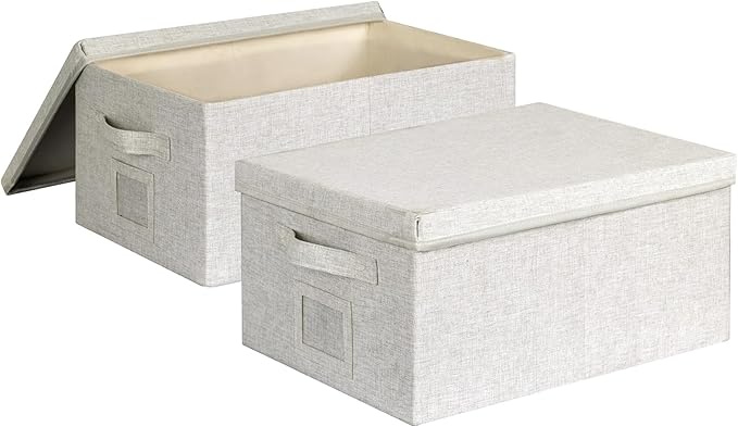 Large 17''x12'' Quart Collapsible Stackable Storage Bins with Lids, 2 Packs Off White Fabric Closet Boxes with Lids, Storage Cube Baskets Container Organizers for Bedroom Office(17''x12.2x''8'')-Ruum Studio Home