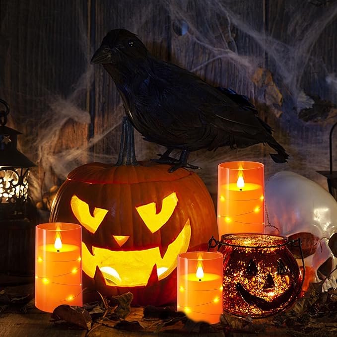 NURADA Flameless Candles with Remote Timers: Built-in Star String Lights 3D Wick Battery Operated Flickering LED Electric Candles for Halloween Thanksgiving Dinner Tables Fall Home Decor Orange 3 Pack-Ruum Studio Home