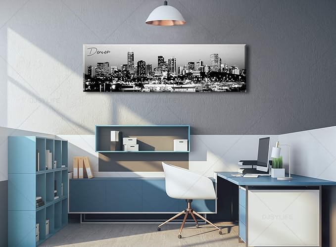 Black and White Wall Art Denver Skyline Cityscape Skyscrapers Canvas Print Painting Landscape USA City Buildings Pictures Modern Artwork for Man Room Office Living Room Decoration 13.8"x47.3"-Ruum Studio Home