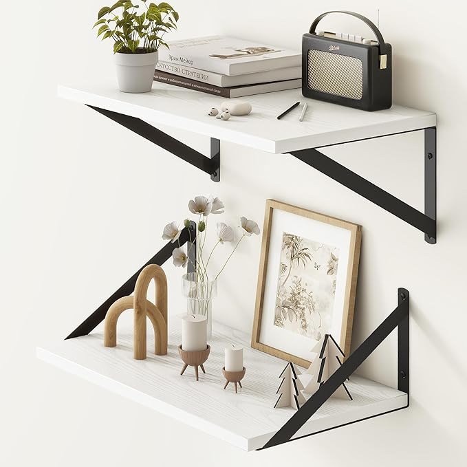 Fun Memories White Floating Shelves 18 Inch Long, Rustic Floating Shelf with Brackets, 10 Inch Deep Wall Shelves, White Bathroom Shelves, 18 x 10 Storage Shelf for Kitchen, Living Room, Set of 2-Ruum Studio Home