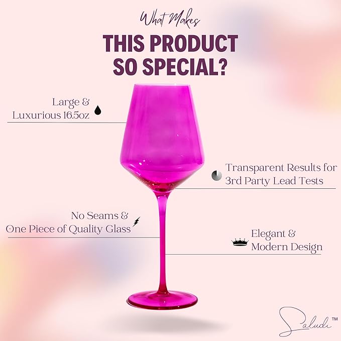 Saludi Colored Wine Glasses, 16.5oz (Set of 6) Stemmed Frida-Color Glass - Great for all Wine Types and Occasions - Luxury, Durable, Hand-Blown-Ruum Studio Home
