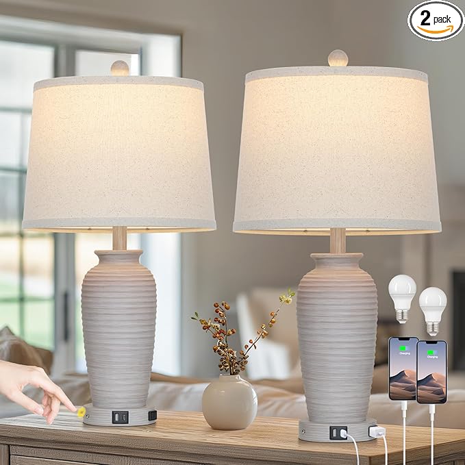 25“ Traditional Table Lamps Set of 2, Bedside Touch Lamp with USB C+A Charging Ports, Rustic Farmhouse Jar Table Lamps for Living Room Bedroom, Side Table Lamp with Beige Fabric Shade, Antique Grey-Ruum Studio Home