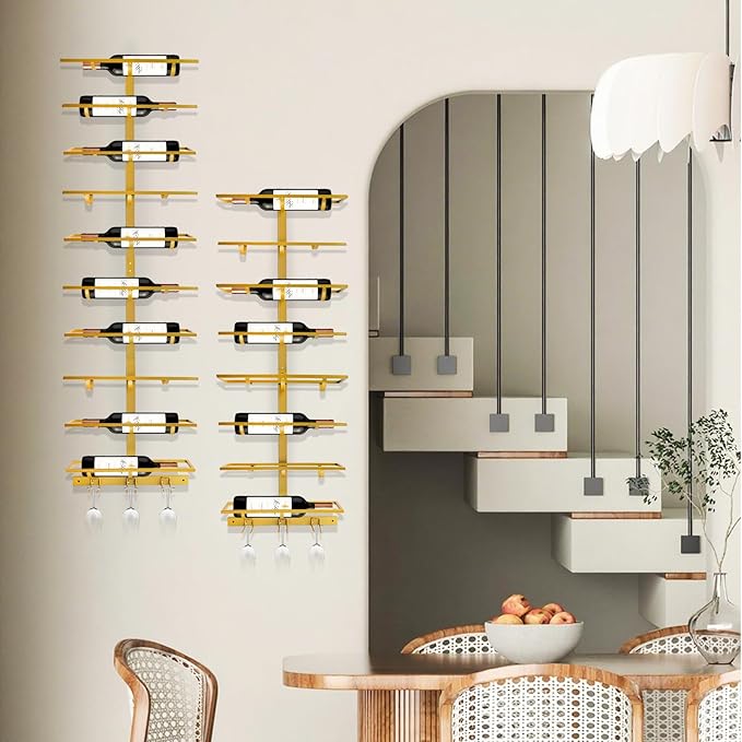 8 Bottle Wall Mount Wine Rack with Wine Glass Holder, Metal Wine Wall Rack, Wall Racks for Wine Bottles Display and Storage, Hanging Bottle Organizer for Living Dining Room Wine Cellar Bar (Gold)-Ruum Studio Home