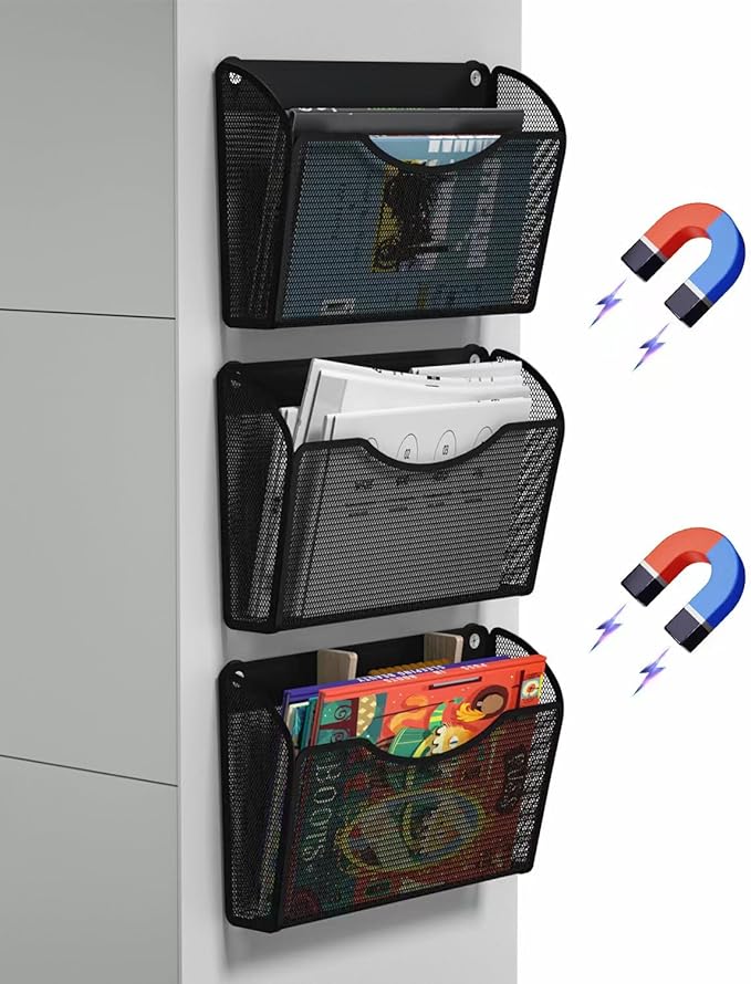3 Pack 1-Tier Magnetic File Holder - No Drilling Installation File Organizer, Large Capacity Magnetic File Holder for Refrigerator, File Cabinets, Whiteboard, Office, Kitchen-Ruum Studio Home