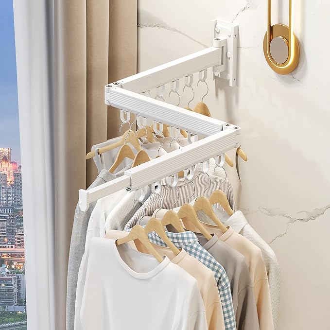 Wall Mounted Clothes Drying Rack, Retractable Laundry Rack for Hanging Clothes, Collapsible, Foldable, White-Rings-Ruum Studio Home