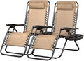 Nazhura Set of 2 Relaxing Recliners Patio Chairs Adjustable Steel Mesh Zero Gravity Lounge Chair Beach Chairs with Pillow and Cup Holder Khaki (Kahki)-Ruum Studio Home