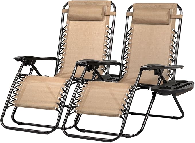 Nazhura Set of 2 Relaxing Recliners Patio Chairs Adjustable Steel Mesh Zero Gravity Lounge Chair Beach Chairs with Pillow and Cup Holder Khaki (Kahki)-Ruum Studio Home