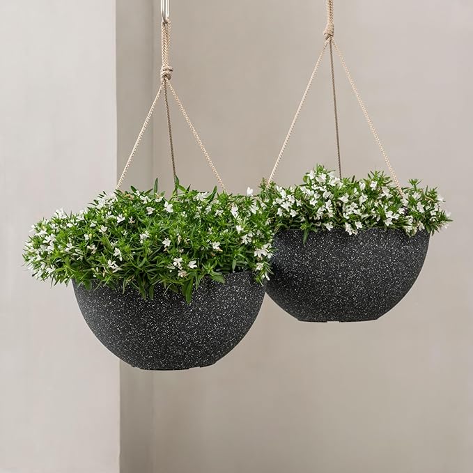 LA JOLIE MUSE Large Hanging Planters for Outdoor Plants - 13 Inch Hanging Basket for Patio Set of 2, Speckled Black-Ruum Studio Home